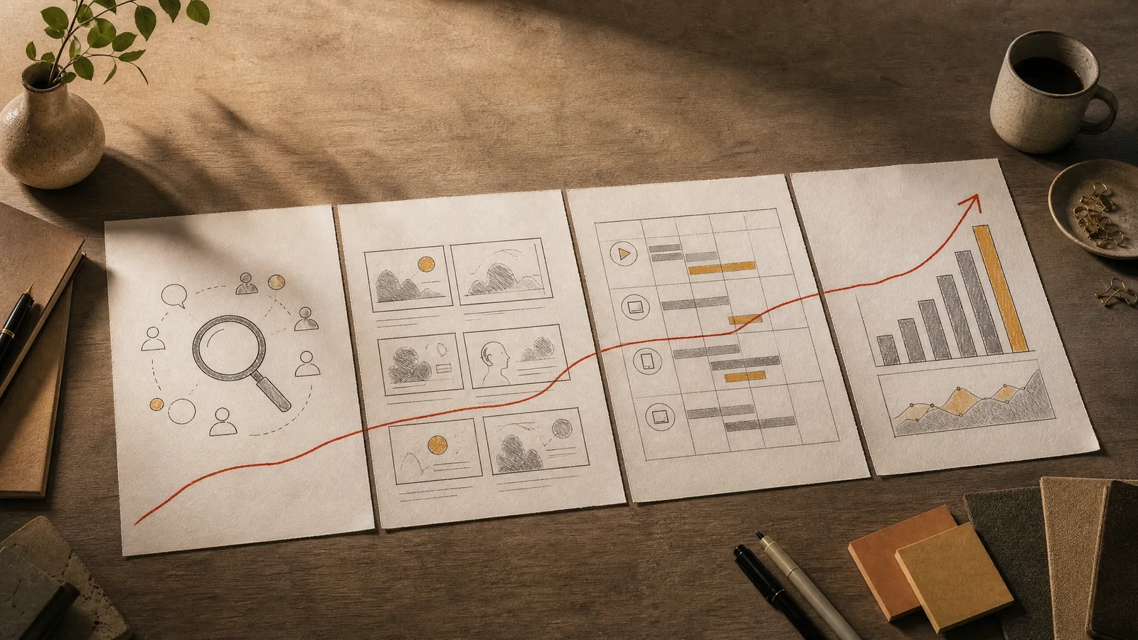 Four connected campaign planning stages arranged across a desk
